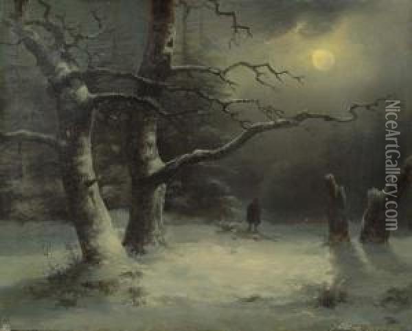Winter Landscape In The Moonlight. 1842. Oil Painting - Josef Carl Berthold Puttner