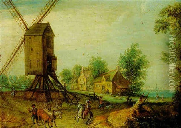 Figures On A Country Road By A Windmill Oil Painting - Mattheus Molanus
