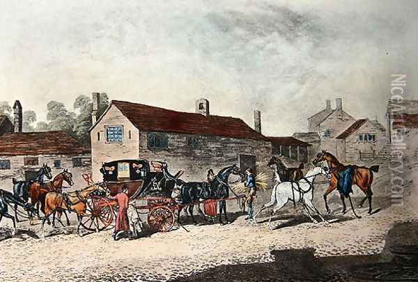 The Mail Coach Changing Horses, engraved by R. Havell, 1815 Oil Painting - James Pollard