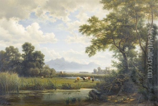 Morgendliche Flussuferpartie Mit Bauerin Und Kuhen Oil Painting - Johann (Hans) Beckmann