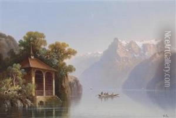 View Ofthe Wilhelm Tell Chapel On Lake Lucerne Oil Painting - Hubert Sattler