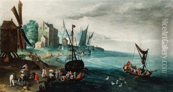 Vista Costera Con Astilleros Y Molino Oil Painting - Jan van Kessel the Elder