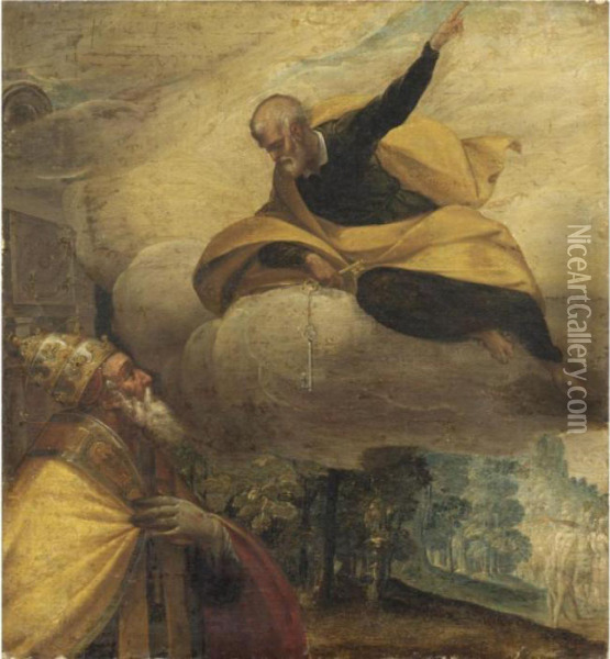 San Pietro Appare A Papa Gregorio Xiii In Veste Di San Gregorio Magno Oil Painting - Jacopo Robusti, II Tintoretto