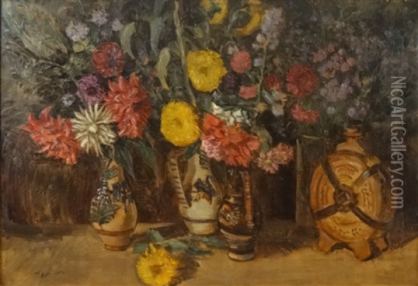 Peasant Ceramics And Flowers Oil Painting - Erno Tibor