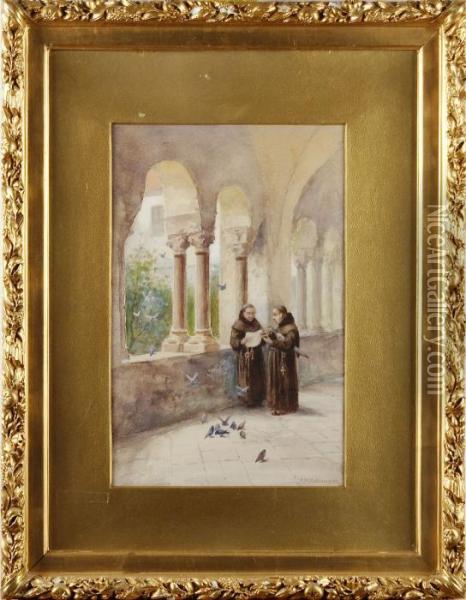 Klosterinterior Med Munkar Oil Painting - Frans Wilhelm Odelmark