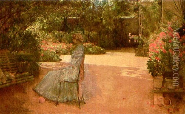 The Artist's Wife In A Paris Garden Oil Painting - Childe Hassam