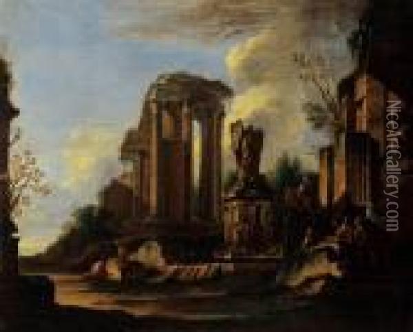 Capriccio Con Il Tempio Della Sibilla Libica Di Tivoli E Viandanti Oil Painting - Giovanni Ghisolfi
