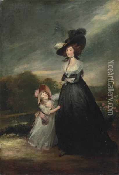 Portrait Of A Lady And A Young Girl, Full-length, The Lady In A Black Silk Dress With A White Lace Shawl, A Black Choker, From Which Hangs A Portrait Miniature, And A Black Hat With Black And White Feathers, The Girl In A White Chiffon Dress With Pink Bow Oil Painting - Richard Cosway