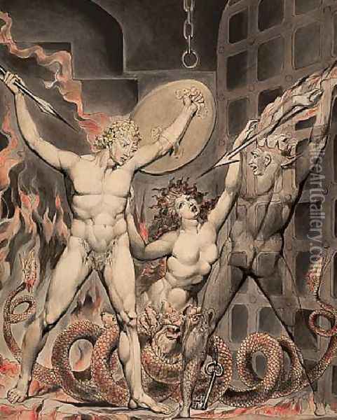 Satan, Sin, and Death- Satan Comes to the Gates of Hell Oil Painting - William Blake