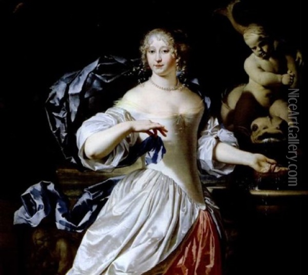 Portrait D'une Jeune Femme Pres D'une Fontaine Oil Painting - Karel Dujardin