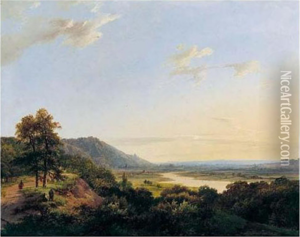 Reizige En Jagers In Een 
Heuvelachtig Rivierlandschap (travellers And Hunters In A Landscape) Oil Painting - Marianus Adrianus Koekkoek
