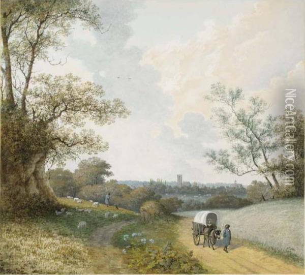 A View Of Vught, A Shepherd, His
 Dog And Flock Next To The Road And An Ox-cart With A Woman In The 
Foreground Oil Painting - Martheus Derk Knip