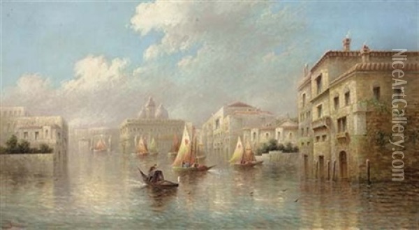 Gondolas On The Grand Canal (+ A Venetian Canal Scene, Venice; Pair) Oil Painting - James Salt