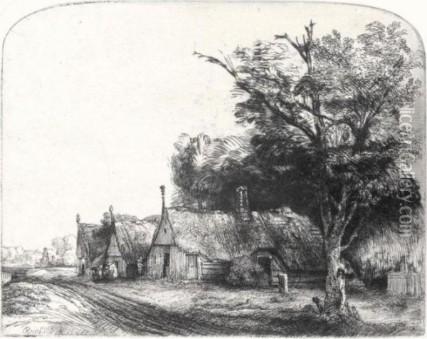 Three Gabled Cottages Beside A 
Road (bartsch, Hollstein 217; Hind 246; Bjorklund & Barnard 50-d) Oil Painting - Rembrandt Van Rijn