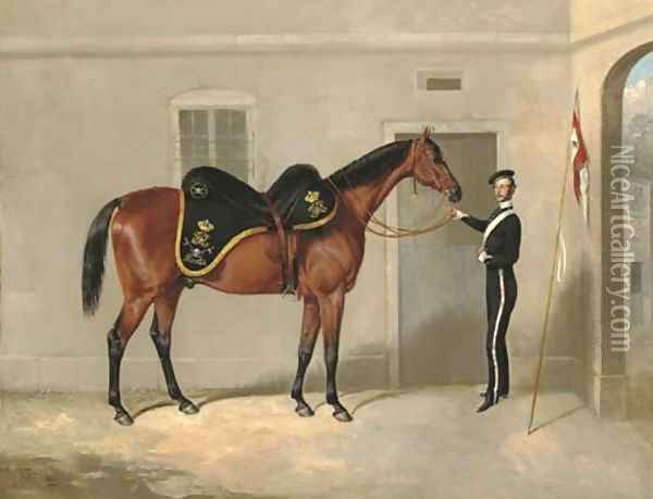 The Charger of Henry Cavendish Taylor, 17th Lancers, held by a trooper outside the Officers Stables at Nottingham Oil Painting - Thomas W. Bretland