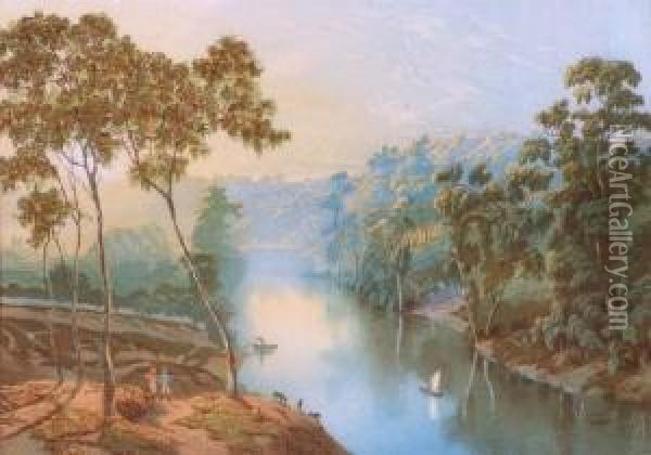 River Landscape Oil Painting - Nicholas Chevalier