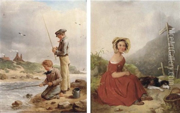 The Young Anglers (+ A Wayside Rest; 2 Works) Oil Painting - Isaac Henzell