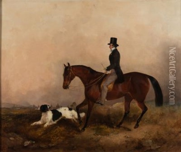 A Gentleman Mounted On A Chestnut Hunter, In A Landscape, With His Spaniel Dog, A View To A Town Beyond Oil Painting - John Boultbee