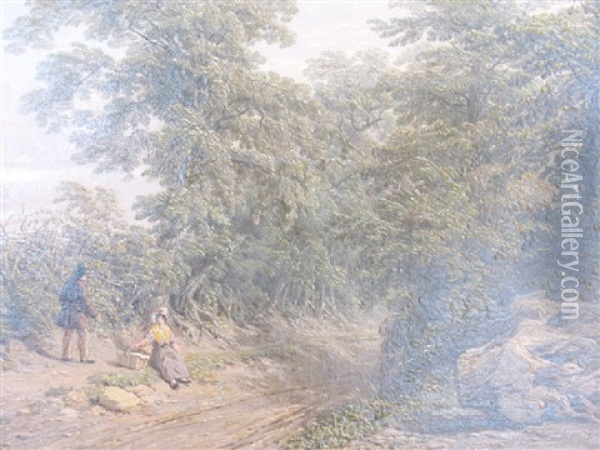 Figures On A Woodland Track Oil Painting - Thomas Baker