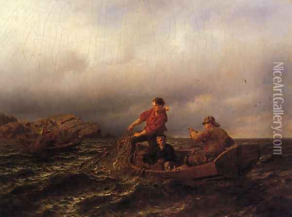 Hauling in the Nets Oil Painting - Hans Fredrik Gude