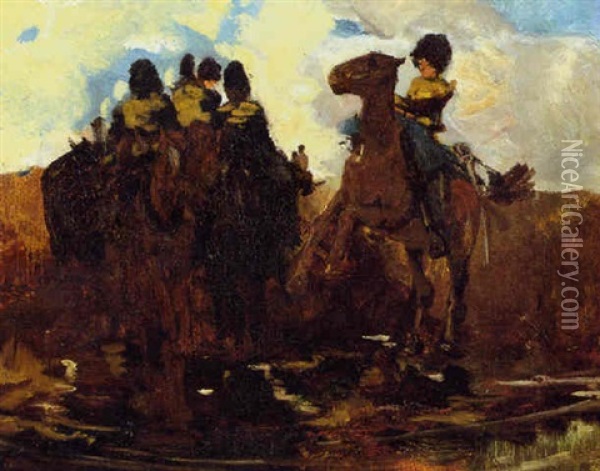 Gele Rijders Riding Through A Water-course Oil Painting - George Hendrik Breitner