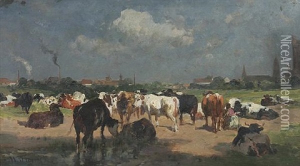 Lagernde Kuhherde Vor Einer Stadt (karlsruhe-daxlanden?) Oil Painting - Wilhelm Friedrich Frey