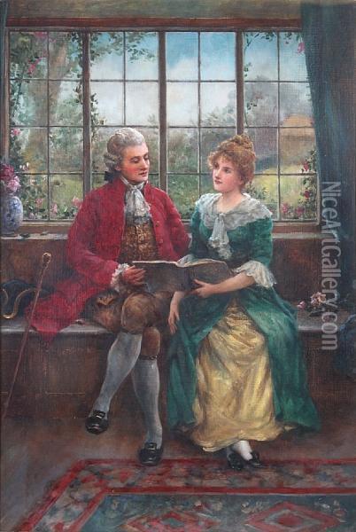 Young Couple Seated, Reading By Awindow Oil Painting - William F. Ashburner