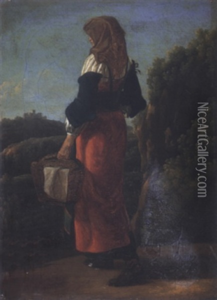 A Young Italian Peasant Woman In A Landscape Oil Painting - Jean Joseph Xavier Bidault