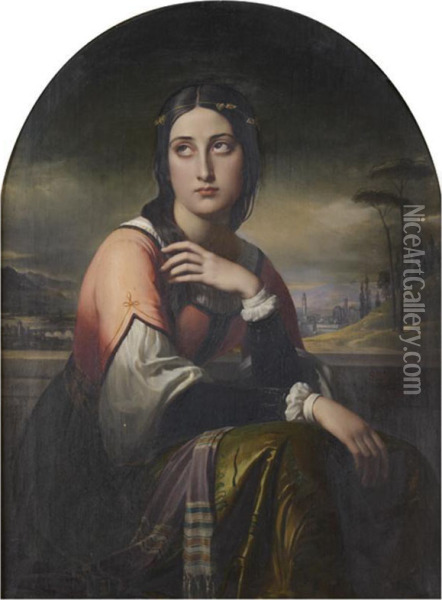 Jeune Femme Pensive Devant Une Vue De Florence Oil Painting - Sebastien Cornu