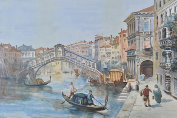 Gondolas Near Rialto Bridge Oil Painting - James Holland