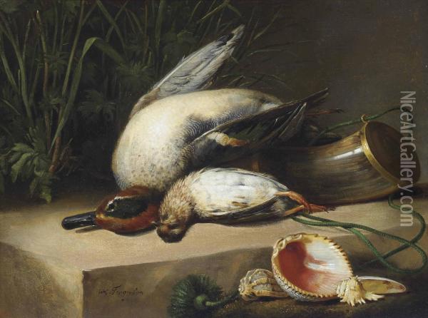 A Duck, Pigeon, Horn And Sea Shells On A Ledge Oil Painting - William Gowe Ferguson