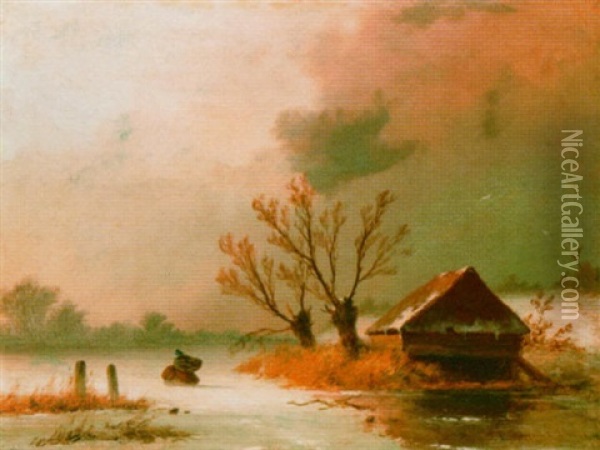 A Frozen Waterway With A Skater Oil Painting - Johannes Franciscus Hoppenbrouwers