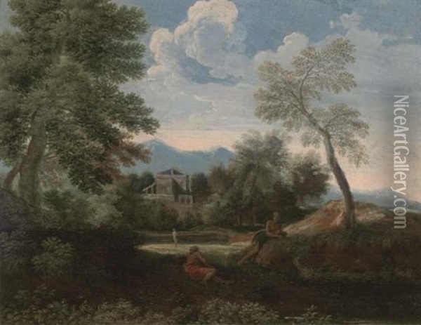 A Wooded Landscape With Figures Conversing, A Town Beyond Oil Painting - Gaspard Dughet