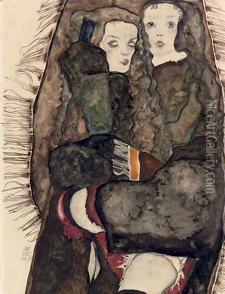 Zwei Madchen auf einer Fransendecke Oil Painting - Egon Schiele