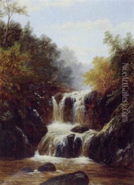 Waterfall In Wooded River Landscape Oil Painting - William Mellor