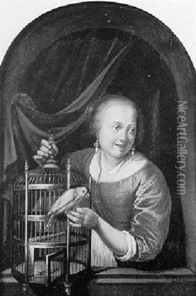 Jeune Femme A Sa Fenetre Sortant Son Perroquet De Sa Cage Oil Painting - Gerrit Dou