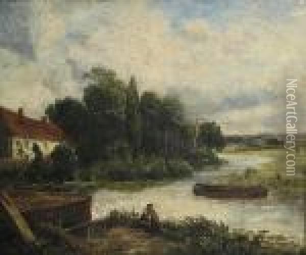 A River Landscape With Figures Oil Painting - John Constable