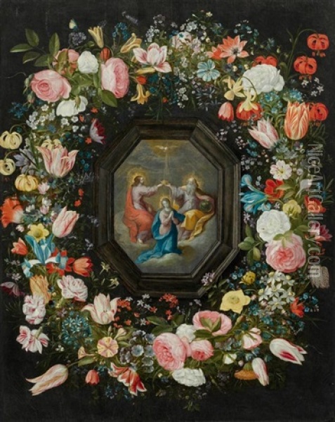 Blumenkranz Mit Der Kronung Maria In Einer Kartusche Oil Painting - Andries Daniels