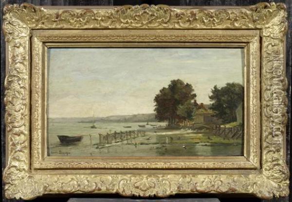 Lakefront With Barges Oil Painting - Pauline Elise Borges