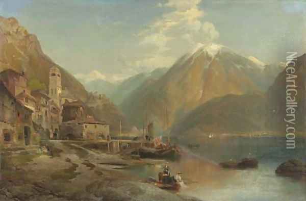 European Lake Scene Oil Painting - Thomas Moran