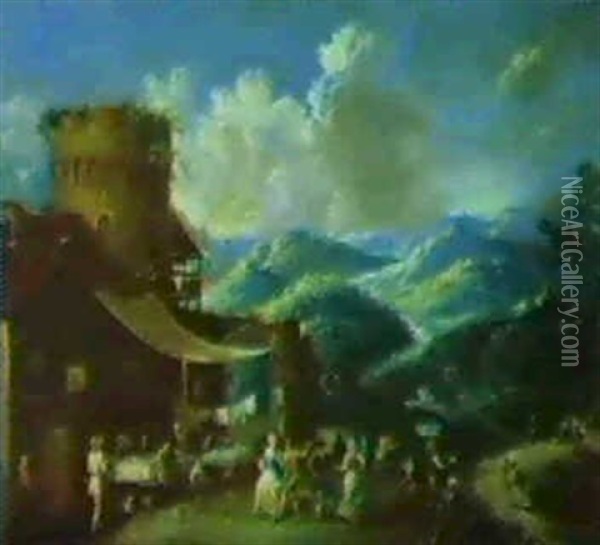Peasants Dancing In A Mountainous Landscape Oil Painting - Antonio Diziani