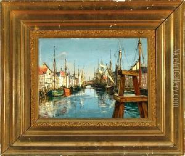 A Canal Scenery From Nyhavn, Denmark Oil Painting - Svend Ronne