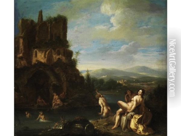 Badende Madchen Am Fus Einer Burgruine Oil Painting - Cornelis Van Poelenburgh