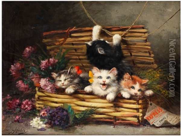 Vier Katzchen Im Korb Oil Painting - Leon Charles Huber