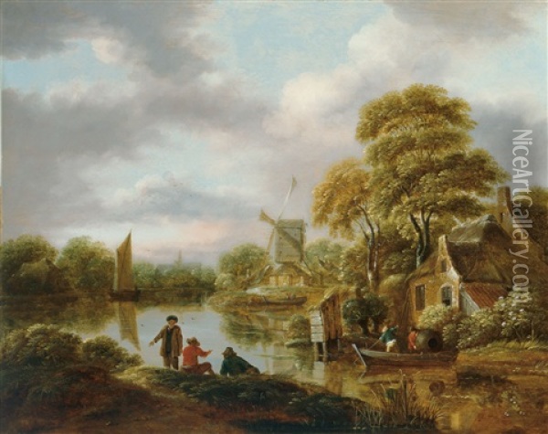 Kanallandschaft Mit Windmuhle Oil Painting - Nicolaes Molenaer