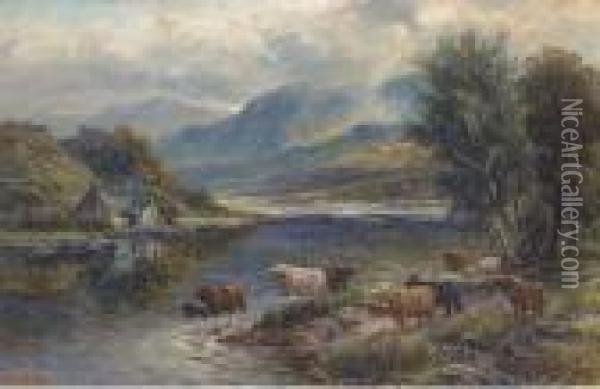 Highland Cattle Watering At A Loch Oil Painting - William Langley