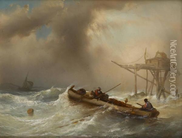Barque De Pecheurs Dans Unemer Agitee Oil Painting - Jacobus Jacobs