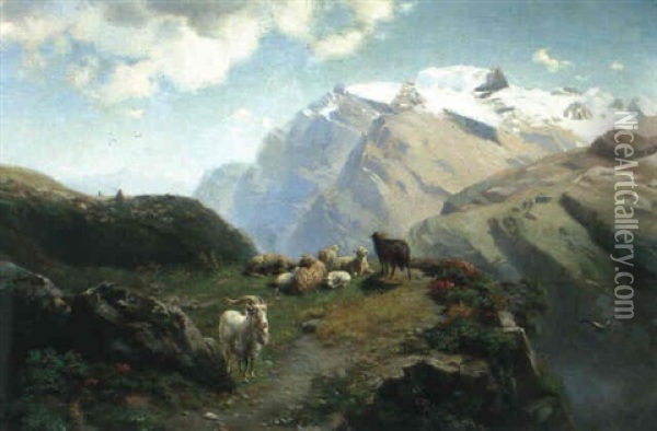 Schafer Mit Seiner Herde Im Gebirge Oil Painting - Edward L. Custer