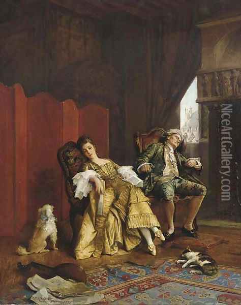 Elegant Figures in an Interior Oil Painting - Daniel Ridgway Knight
