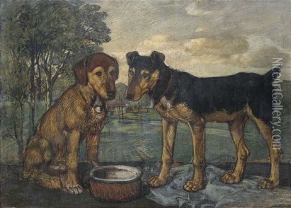 Zwei Hunde Vor Landschaftshintergrund Oil Painting - Fritz Boehle